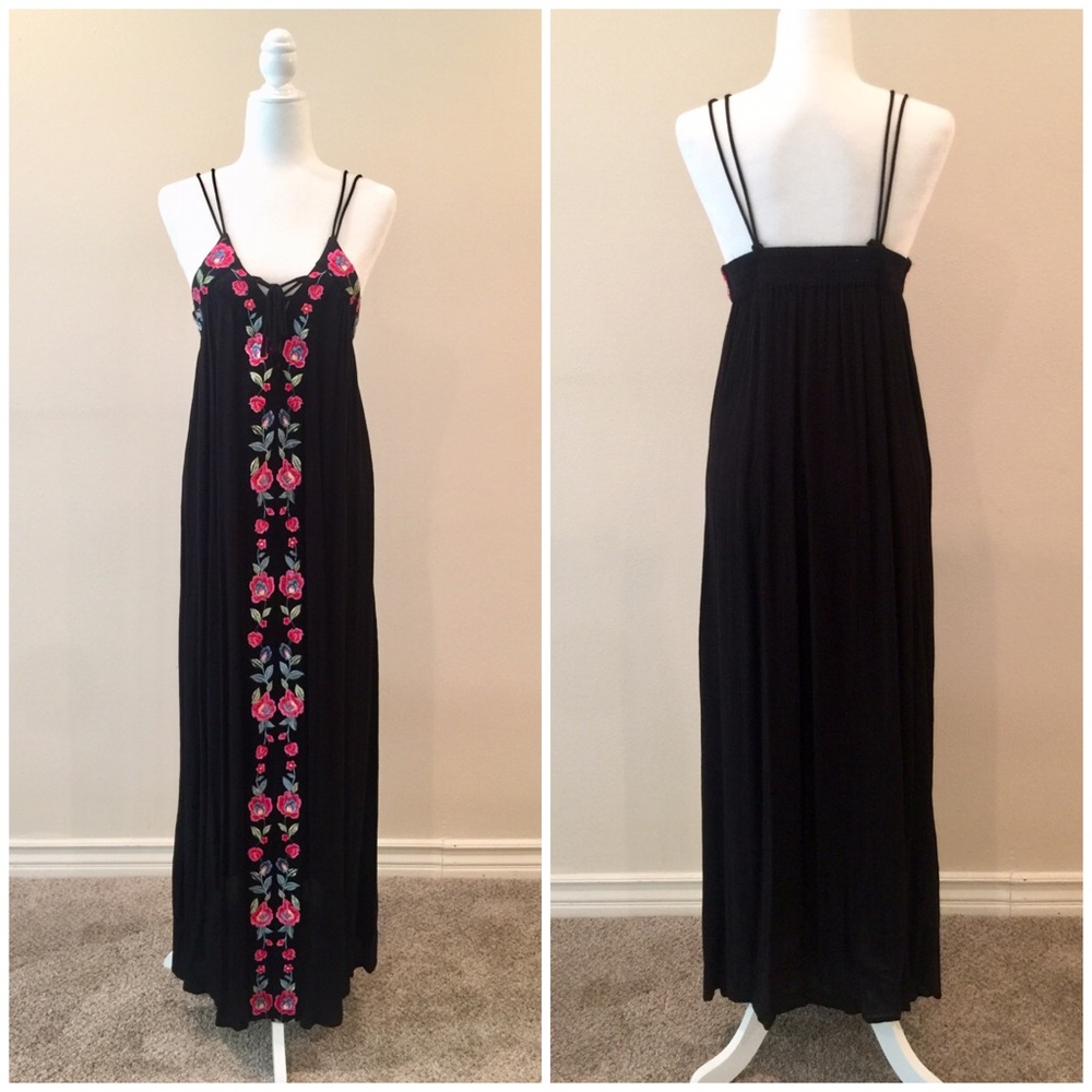 L maxi dress boho floral brocade lace up ethnic flowy summer like new vacation
